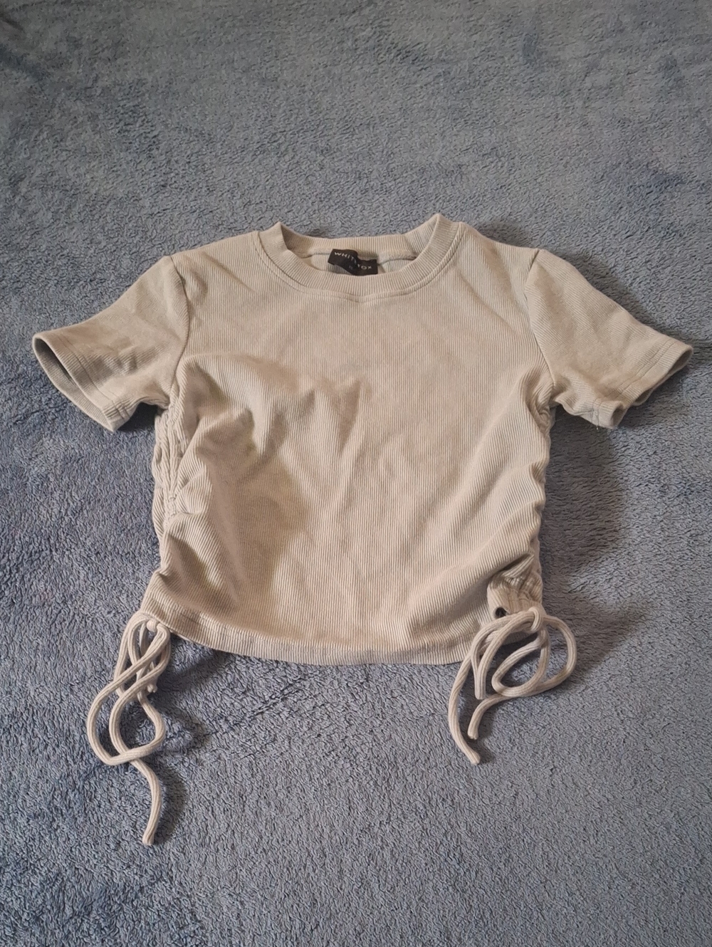 White Fox Boutique Ribbed Side-Tie Crop Top - Taupe